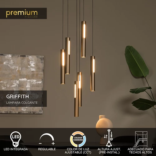 Lucide GRIFFITH - Lámpara colgante - Ø 38 cm - LED Regul. - CCT - 6x6W 2700K/4000K - Adecuado para dobles alturas y techos altos - Bronce | Premium - USP